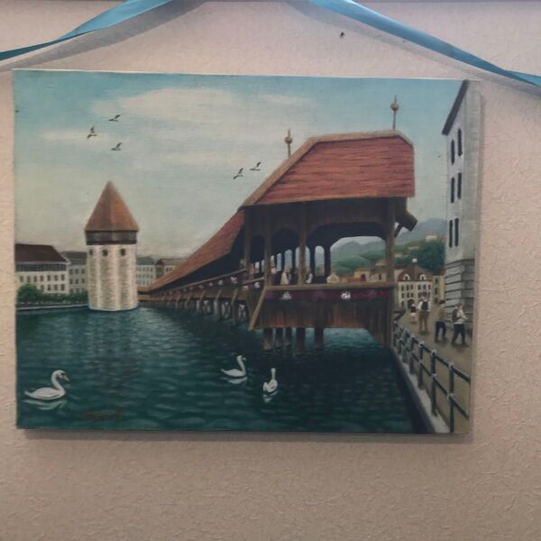 梶原しげお作『水の塔カペル橋』スイス 6号油彩画