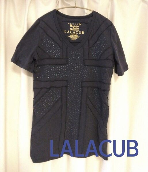 ララキューブ半袖 Tシャツネイビーラインストーンユニオンジャック体型カバーフリーサイズキラキラ