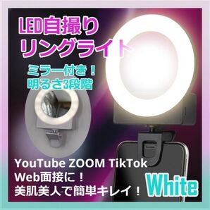 リングライト SNS配信 美肌美人 ミラー付き 自撮り ホワイト LED 電池式