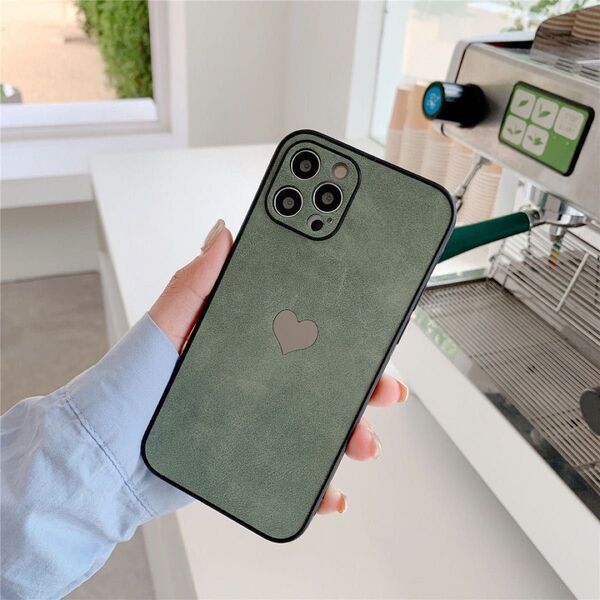 iPhoneケース iPhone13mini スマホケース スエード ハート 緑 グリーン シンプル