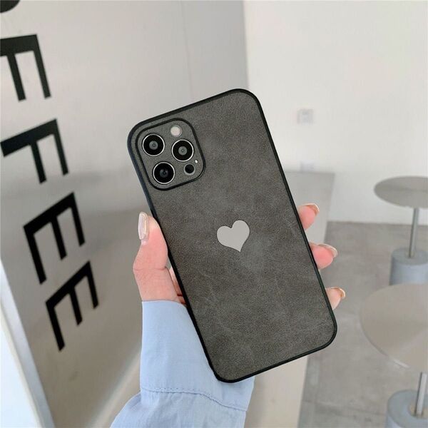 iPhoneケース iPhone12pro スマホケース ハート スエード 黒 ブラック カバー シンプル