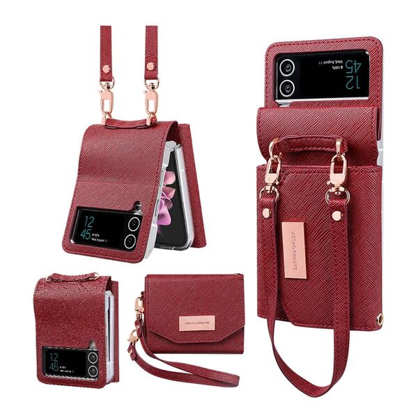 Galaxy Z Flip 4 5G用フリップケース レザーウォレット リストレットストラップ付き