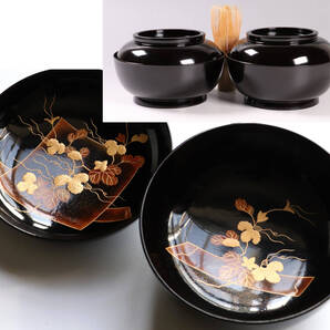 MA193 輪島塗 蔦金蒔絵 梨地 黒塗椀 二客 木製漆器 / 伝統工芸品 漆芸 茶懐石道具 会席 宴席 正月 吸物 菓子椀 厚物 加賀 能登