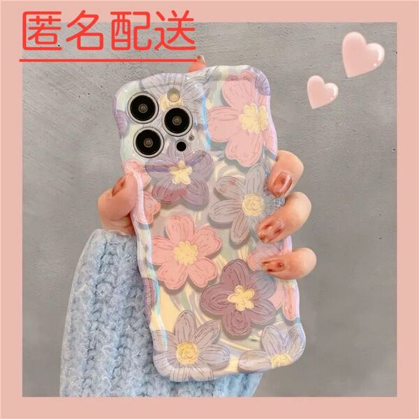 iPhone 15 スマホケース シリコン 可愛い 花柄 油絵風 おしゃれ 韓国 うねうね アイフォン カバー ピンク パープル