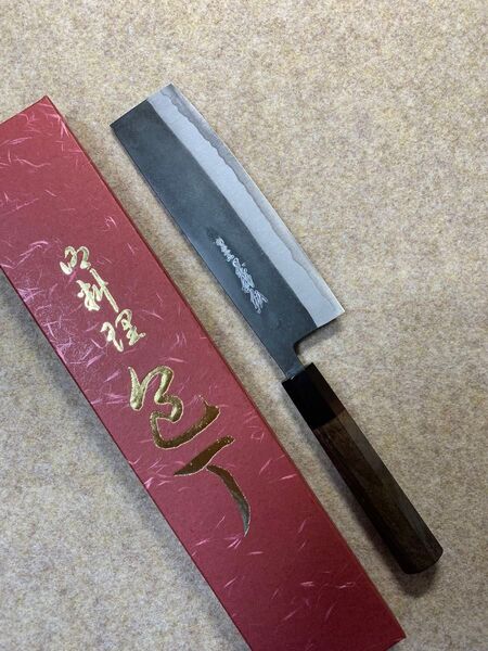 義弘作 菜切 本黒 包丁 青鋼 山脇刃物製作所 紫檀水牛八角柄