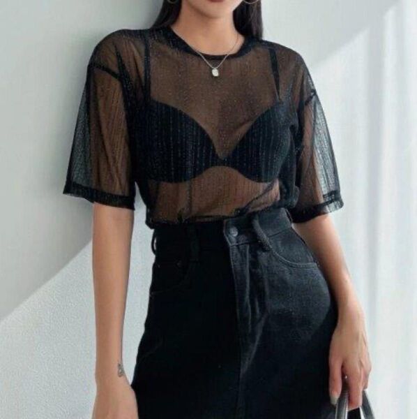 SHEIN DAZY ■ シアートップス シルバーラメ シースルー シフォン