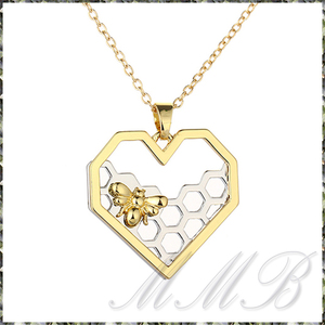 [PENDANT NECKLACE] Heart Honeycomb Bee ハート はちの巣 ミツバチ ペンダント ゴールドチェーン ネックレス