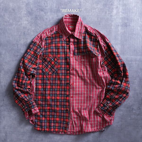 赤 レッド 異素材mix チェック柄 シャツ ネルシャツ 古着 長袖 メンズ ビンテージ