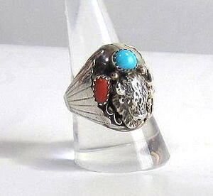 90's Navajo group silver 925& ring Wayne Etsitty work red coral Vintage* including carriage 