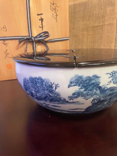 未使用品 茶道具 染付 平水指 山水 洞華苑