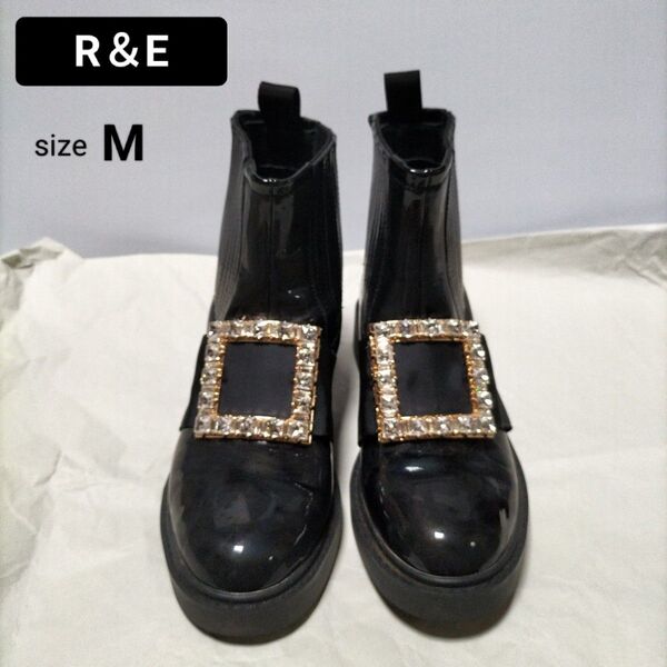 R&E ビジュバックルサイドゴアショートブーツ エナメル ビジューブーティ sizeM