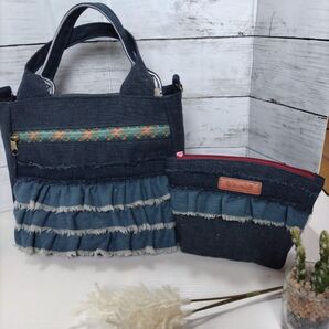 フリル付きデニムのふっくら2wayショルダー&ポーチセットハンドメイド
