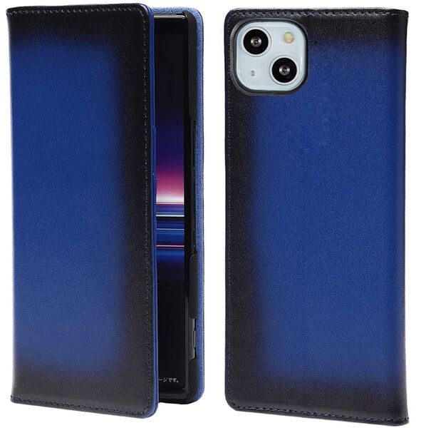 本革iPhone13スマホ ケース ガラスフィルム付き手帳型プルシャンブルー