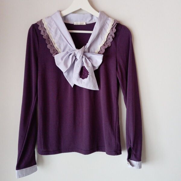 axes femme アクシーズファム 長袖 衿レース カットソー 長袖T M パープル トップス
