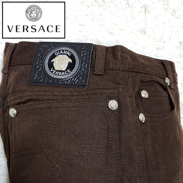 美品 ジャンニ ヴェルサーチ GIANNI VERSACE メデューサ ロングパンツ ブラウン 小さいサイズ レディース ボトム