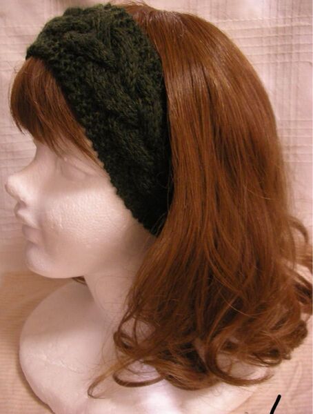 ハンドメイド ニットケーブル ヘアバンド ターバン★ダークグリーン