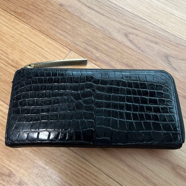 池田工芸 クロコダイル 長財布 L字ラウンドファスナー ブラック クロコ ウォレット メンズ、レディース