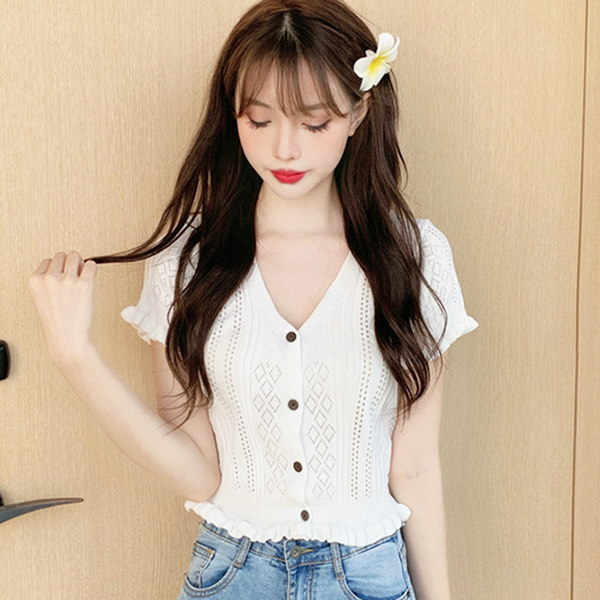 レディース 夏服 半袖 トップス カットソー レースデザイン リブ編み ホワイト