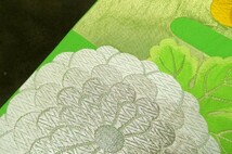値下げ　袋帯　黄緑地に朱や黄色の大輪の菊 　グリーン　正絹　リサイクル　セミアンティーク　中古　振袖　着物_画像5