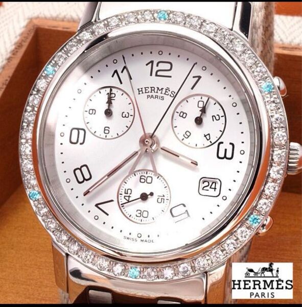 特注エルメス★HERMES ダイヤベゼル★クロノグラフ メンズ腕時計