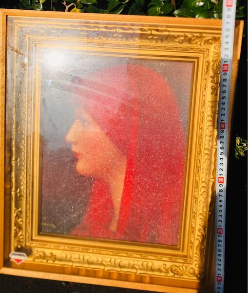 水晶画 工芸画 美人画 少女 規格約56㎝×47cm 額縁額装 中古品 現状品