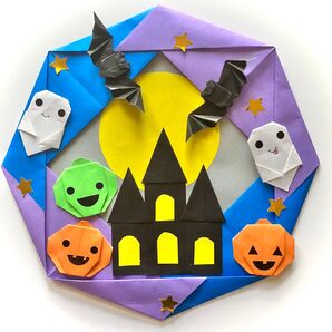 季節の折り紙リース 壁面 ハロウィン