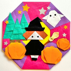 季節の折り紙リース 壁面 ハロウィン