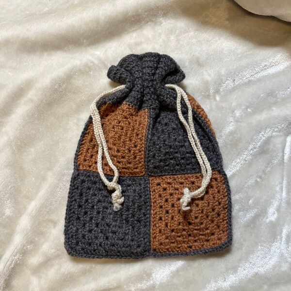 ハンドメイド 巾着袋 グレー ブラウン ハ