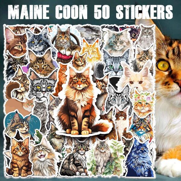 メインクーン ステッカー 50枚セット PVC 防水 シール Maine Coon ねこ ネコ 猫 キャット 動物 ペット 世界最大の猫