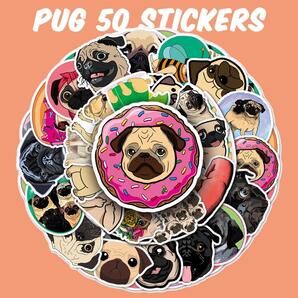 パグ ステッカー 50枚セット PVC 防水 シール PUG 犬 いぬ イヌ ペット ドッグ 小型犬 スーツケース MacBook