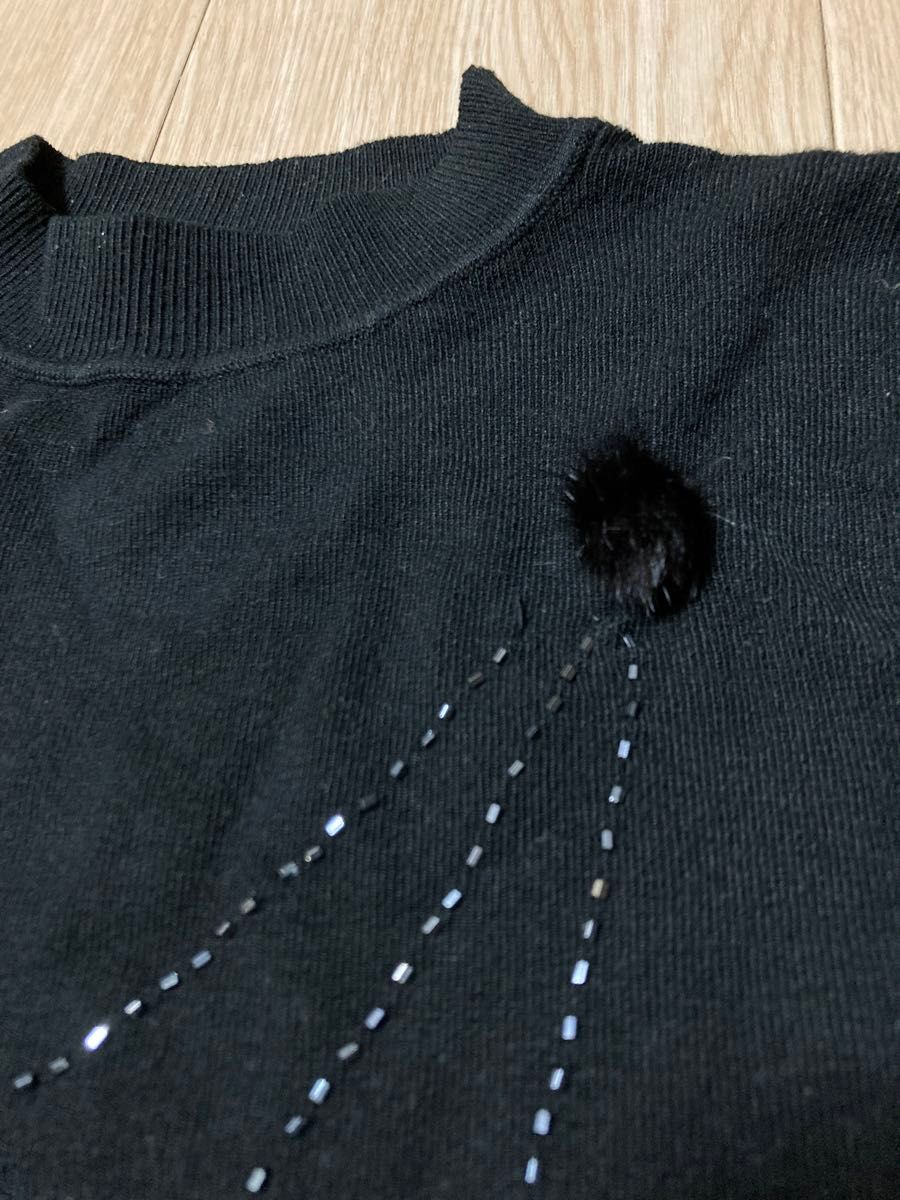 セーター ニット 秋冬 長袖 ビジュー 黒 デザインカットソー Mサイズくらい