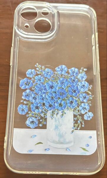 iPhone13 スマホケース ブルー 花