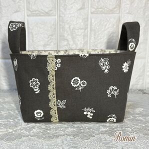 布バスケット小 フラワー柄 ブラック handmade