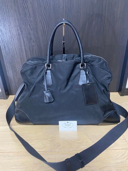 PRADA ボストンバッグ ナイロン レザー 三角ロゴプレート 黒 旅行用 2WAY 超大容量 旅行 旅行鞄
