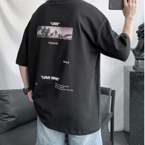 メンズ サンセット バックプリント 半袖 Tシャツ 韓国 ブラック