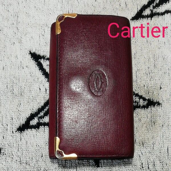 【USED】キーケース 三つ折り カルティエ Cartier マストライン 本革 レザー ボルドー ゴールド金具