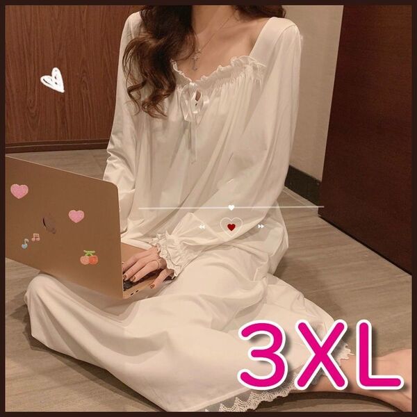 新品 ルームウェア ワンピース ネグリジェ 3XL 白 ナイトウエア リボン 可愛い レディース パジャマ 部屋着 寝巻き 長袖