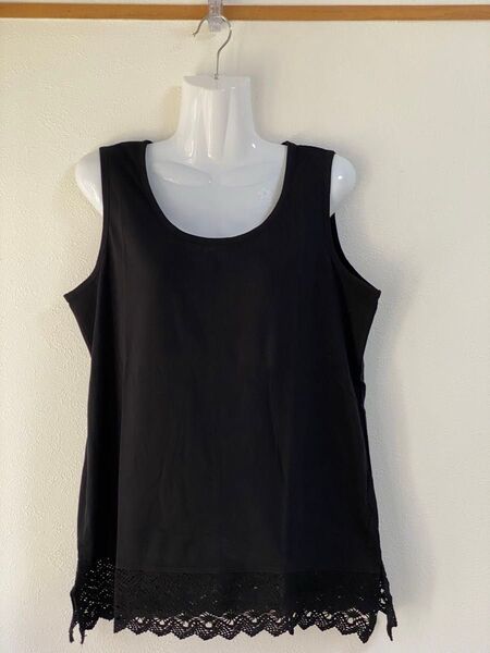 ☆再出品☆★大きなサイズ仕立ての3L♪※裾部綿100%レース付きタンクトップ※身生地ポリエステル65%綿35%●ブラック※値下不可