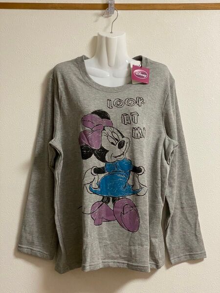 ☆再出品☆可愛い!厚手ミニーちゃん柄丸首長袖ジャージー素材Tシャツ※グレー※3Lサイズ※ポリエステル70%綿30%混紡※値下げ不可
