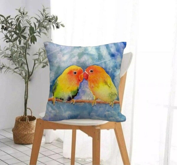 クッションカバー 鳥柄 コザクラインコB 麻調 45cm 鳥の雑貨 HANAKO