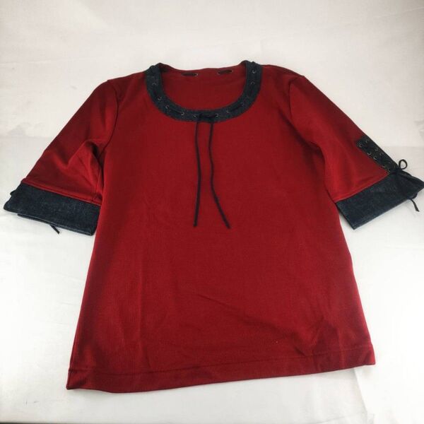 【良品】ingeborg インゲボルグ 半袖シャツ サイズM 丸首 カットソー レース リボン レッド デニム Tシャツ A-8