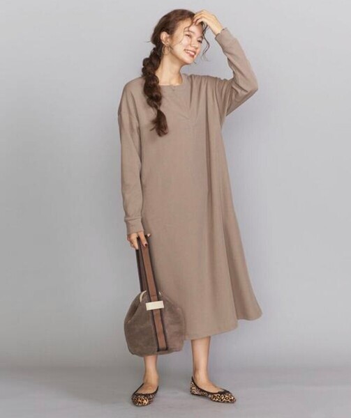 秋物★BEAUTY&YOUTH UNITEDARROWS ダンボールスキッパーネックサイドスリットワンピース 定価13,200円 ベージュ ビューティー&ユース 春 秋