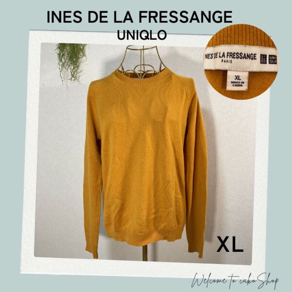 ユニクロ INES カシミヤ100% ニット XL クルーネック セーター 黄色 長袖 薄手 トップス イエロー プルオーバー