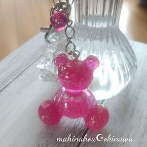 キラキラpinkベアー×水晶キーホルダー・バッグチャーム
