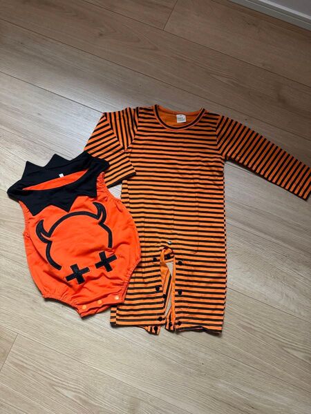 値下げ オレンジストライプロンパースセット 80 ハロウィン ロンパース 子供服 カバーオール キッズ ベビー ベビー服