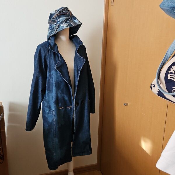 【一点物】デニムリメイク ブリーチ加工 デニムジャケット トレンチコート