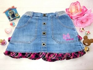 * HusHush HusHusH*110. Denim * frill switch miniskirt * pink × black check * ribbon * Logo embroidery waist rubber adjustment possibility 