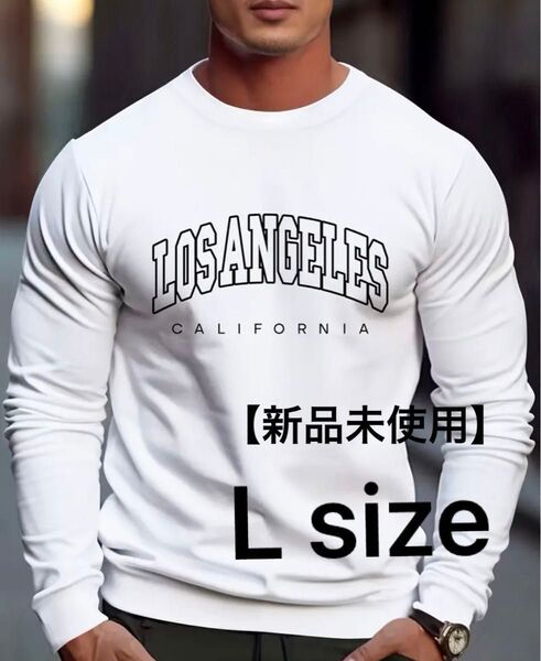 トップス Tシャツ 長袖 プルオーバー スウェット メンズ L 新品未使用 プリントTシャツ ロゴTシャツ ホワイト 白 丸首