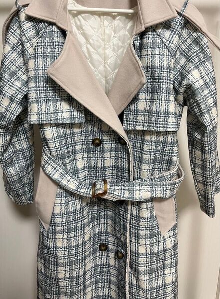 【美品】 ロングコート 総柄 ネイビー ピンクベージュ