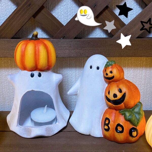 ハロウィン 陶器オバケかぼちゃオブジェ キャンドルホルダー ジャックオーランタン テラコッタ 置物 ガーデンインテリア